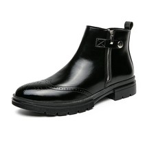 Men&#39;s Classic Retro Genuine Leather Chelsea Boots Black zipper thick soled casua - £71.02 GBP