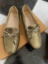 NIB 100% AUTH Tod&#39;s Laccetto Gommini Driver Loafers In Gold Crackled Leather 35 - £232.07 GBP
