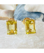 Emerald Shape Yellow Sapphire Earrings 925 Silver Solitaire Stud For Her  - $526.93 CAD
