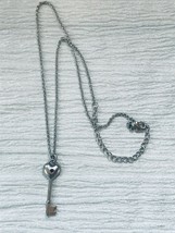 Estate Silvertone Chain with Heart Shaped Skeleton Key &amp; Pink Rhinestone Pendant - £6.71 GBP