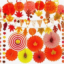 Autumn Bliss Party Pack - 40 Decorations Set with Hanging Paper Fans, Pom Poms, - £35.96 GBP