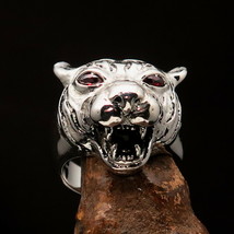 Excellent crafted Men&#39;s Biker Ring Tiger with red CZ Eyes - Sterling Silver - £66.35 GBP