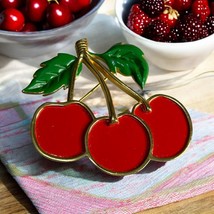 Vintage Trifari Signed Triple Cherries Brooch Pin Red Green Gold Plated Metal - $56.10