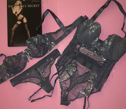 Nwt Victoria&#39;s Secret sin Forro 32C Conjunto Sujetador + Tanga + Liga Osito Gris - £127.91 GBP