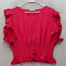 Cupcakes &amp; Cashmere Blouse Womens Medium Hot Pink Linen Ruffle Ruched Round Neck - £20.44 GBP