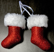 2 Red Glitter Boots with White Faux Fur Christmas Ornament Shatter Proof... - $6.25