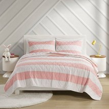 Full/Queen 3 Piece Pink White Stripe Reversible Rainbows Cotton Quilt Set - £115.71 GBP