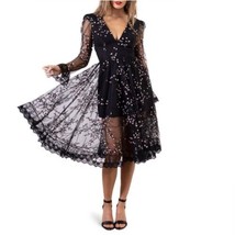 HELSI Ella Embroidered Long Sleeve Deep V-Neck Midi Dress, Black, XL, 12... - $289.00