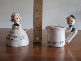 Vintage Dutch Boy And Girl Enesco Sugar Bowl Creamer Jar Pitcher w/ Spoo... - $38.00