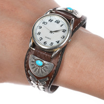 7&quot; Vintage Southwestern Sterling mounted leather watch cuff bracelet - $74.25