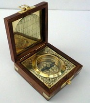 Antique Brass Compass With Wooden Box Steampunk Style Directional Tool For Gift - £48.23 GBP