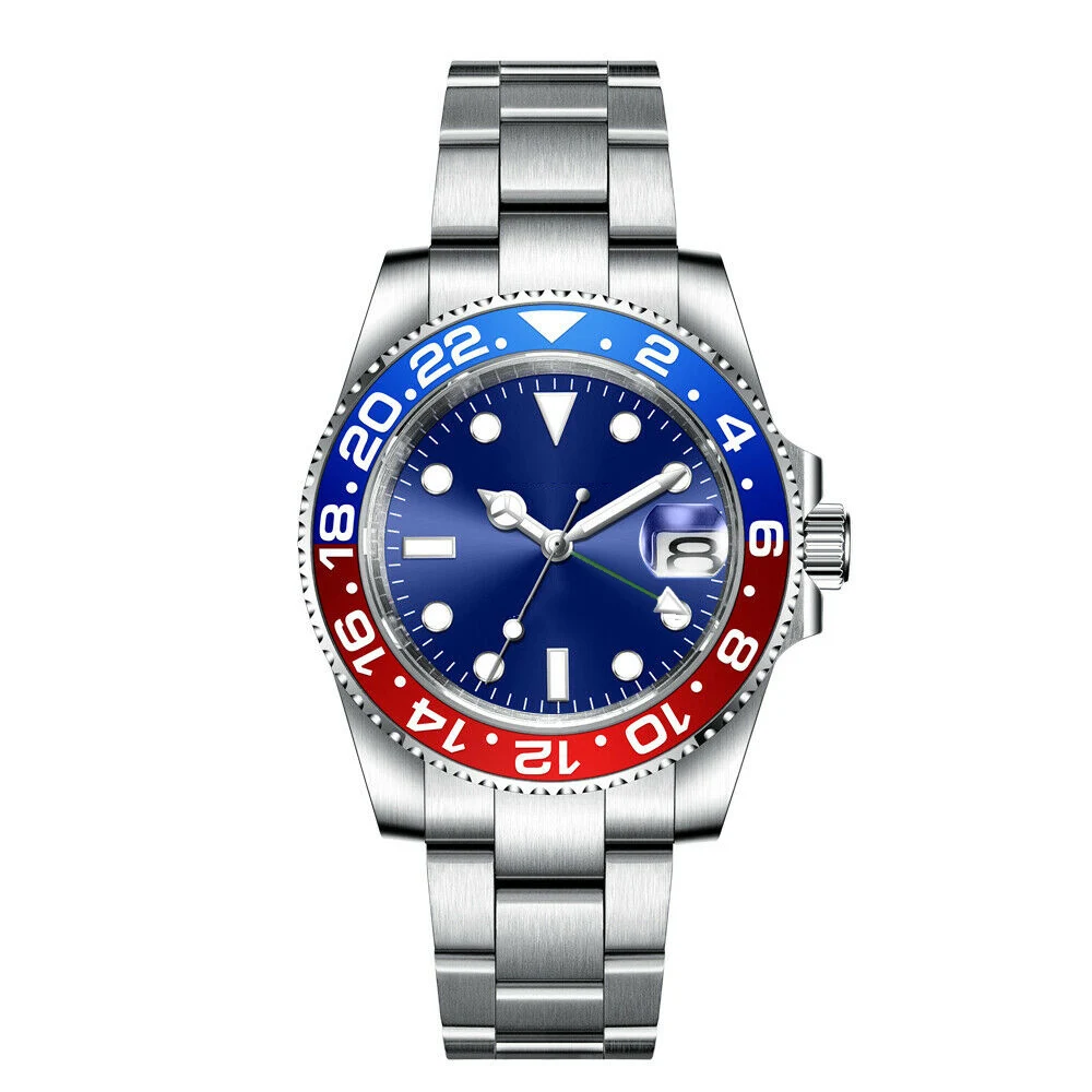  GMT NH34 Watch For Men Automatic Mechanical  40MM Blue Dial Steel Strap Sapphir - £209.74 GBP