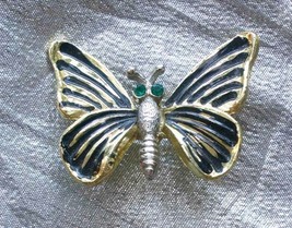 Green Rhinestone &amp; Black Enamel Gold-tone Butterfly Brooch 1970s vintage... - $12.30