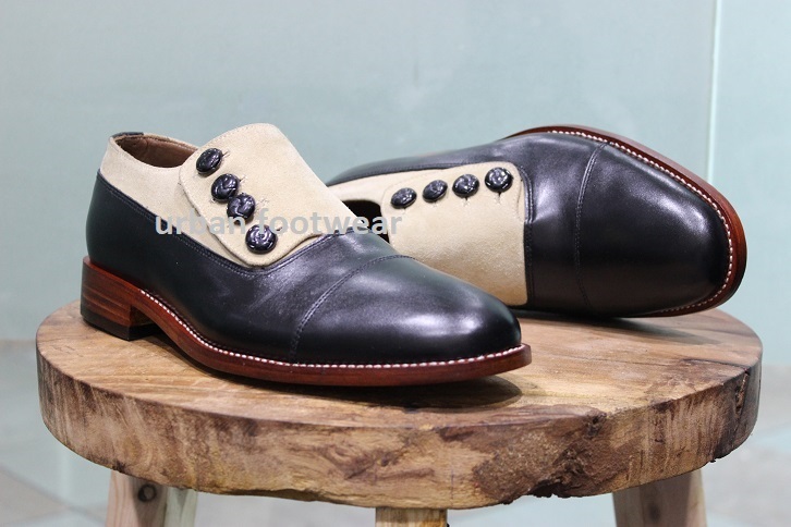 New Mens Handmade Shoes Two Tone Button Black Leather Beige Suede Formal Boots