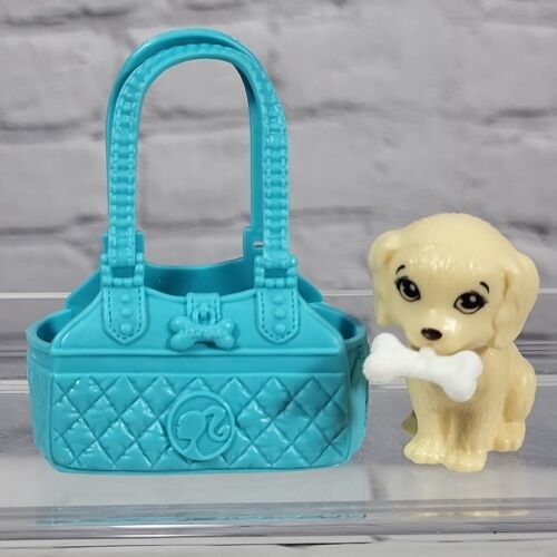 Barbie Doll Accessory Lot Pet Puppy Dog Taffy With Bone Blue Carrier Bag Mattel - $14.84