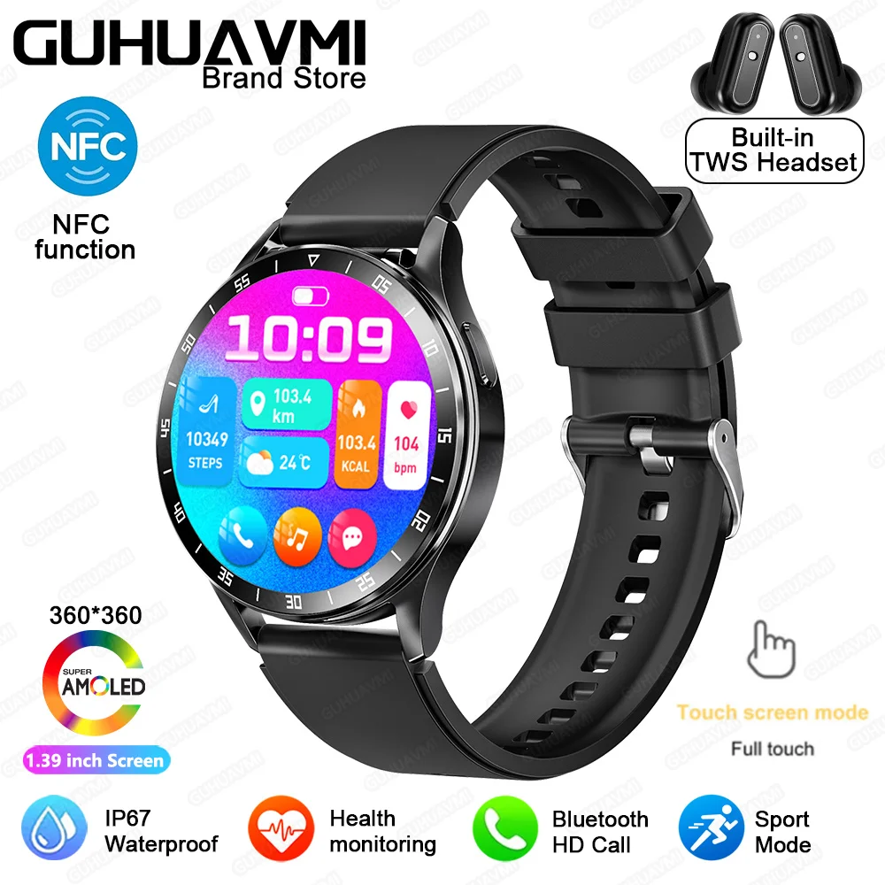 New NFC Smart Watch Men TWS Bluetooth Headset Two-In-One 1.39HD Display ... - £93.06 GBP