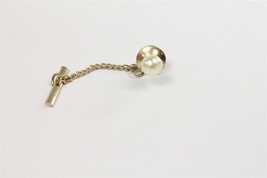 ✅ Vintage Men Neck Tie Pin w/Chain Clasp Bar Clip Faux Pearl Silver Tone Plate - £5.80 GBP