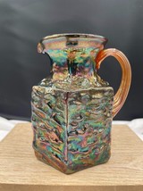 Pilgrim Glass Carnival Glass Hexagonal Creamer Amber Applied Handle Rumpled - $24.19