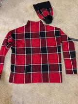 NWT Tahari Mock Neck Sweater Tunic Wms Sz Med Red Black Plaid w/ hat - £16.22 GBP