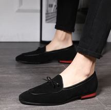 Handmade Black Suede Leather Round Toe Tassels Slip On Men&#39;s Loafers Shoes - $159.00