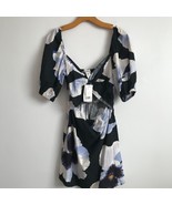 H&M Linen Dress Black A Line Short Sleeve Cutout Front Full Skirt Short Casual - $27.77