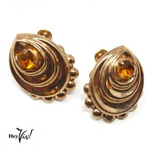 Vintage 1.25 Gold Ornate Curved Design Screw Back Earrings w Rhinestone ... - £11.15 GBP