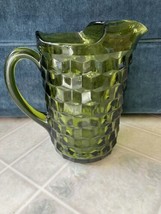 Vtg Mid-Century Avocado Green Cube Pattern Heavy Glass Pitcher 7 1/2&quot; tall - $29.56