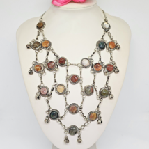 Vintage Boho Bib Dangle Multicolor Stone Silver Necklace Boho Rajasthan - £35.84 GBP