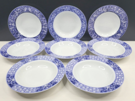 8 Ambiance Portofino Rim Soup Bowls Mixed Set Vacher Blue Floral Dishes Ware Lot - £68.46 GBP