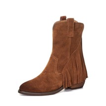 2021 New European and American Style Cowhide Ankle Boots Round Head Tassel Thick - £101.76 GBP