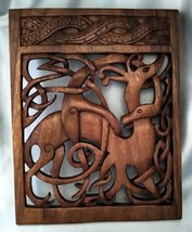 Hand Carved Celtic Deer and Snake Wooden Wall Art Panel Sculpture, 10.75... - $97.02