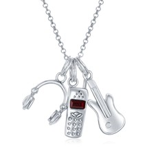 Headphones, CZ Cell Phone &amp; Black Enamel Guitar Necklace - £55.60 GBP