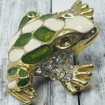 Vtg Green White Enameled Goldtone Crouching Frog Brooch Pin - $14.84
