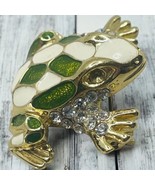 Vtg Green White Enameled Goldtone Crouching Frog Brooch Pin - £11.18 GBP