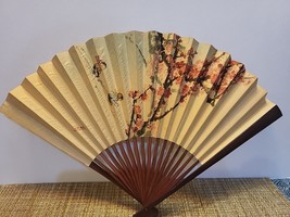 Vintage Chinese Paper Hand Fan 2 Girls Skiing With Floral Tree - $6.62