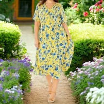 Woman Within Floral Dress 32W Shift Yellow Blue Short Sleeve Flowy Pleat... - £23.45 GBP