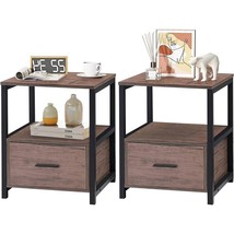 Set of 2 - Modern Metal Wood Side End Table Nightstand with Storage Drawer - $232.99