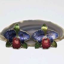 Vintage Enamel Cloisonne Iris Flower Stud Earrings Blue Red Gold Tone - $16.95