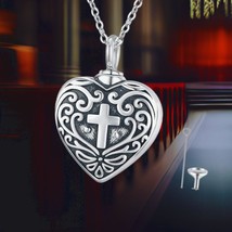 Love Heart Urn Necklace Sterling Silver Jesus Cross Urn Necklace for Ashes - $129.00