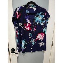Pleione Blue Floral Blouse LP Split Neck Short Sleeve Tunic Top Workwear - $11.00