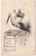 Postcard Bird Stork &amp; Baby In Basket Greetings &amp; Good Wishes - £3.98 GBP