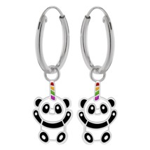 Horned Panda Bear 925 Silver Hoop Earrings - £13.44 GBP