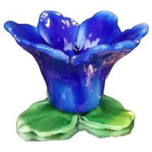 Hand Blown Art Glass Floral Candle Holder Cobalt Blue Flower Green Leaf Base - £11.23 GBP