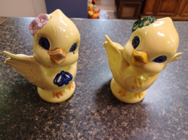 Vintage  Bone China Chick Pair Figurine Decor 5&quot; Felted Base Bank Mold - £31.14 GBP