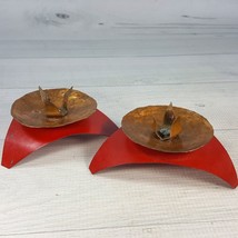 Vintage Copper &amp; Red Metal Triangle Curved Base Brutalist Candle Holder Set 2 - £29.90 GBP