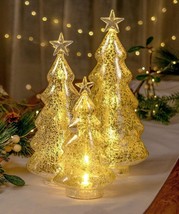 8.5&quot;, 11&quot; &amp; 12.5&quot; Light Up Clear Glass Christmas Tree Set w Mercury Gold Accents - £50.90 GBP
