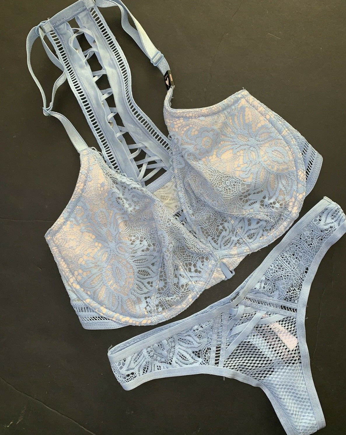 Victoria&#39;s Secret unlined racerback 32D BRA SET XS thong baby BLUE flora... - $59.39