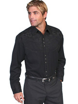 Men&#39;s Western Shirt Long Sleeve Rockabilly Country Cowboy Black Tooled Floral - £73.86 GBP
