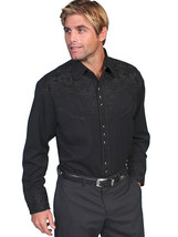 Men&#39;s Western Shirt Long Sleeve Rockabilly Country Cowboy Black Tooled Floral - £72.09 GBP