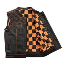 Men&#39;s Leather Vest Orange Checker &amp; Orange Thread Concealed Waistcoat - £55.95 GBP+